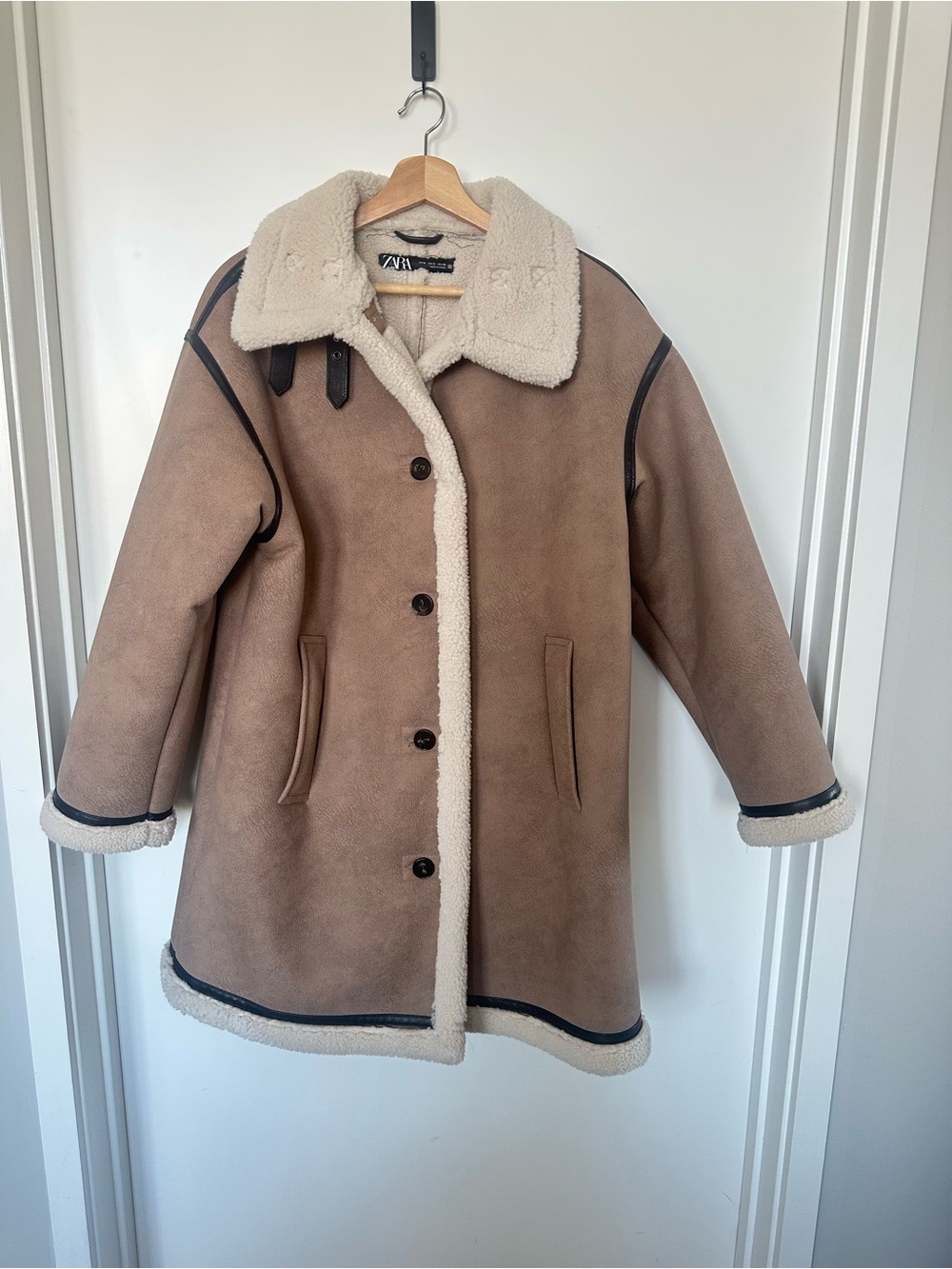 Zara Taupe Coat with Cream Shearling Collar